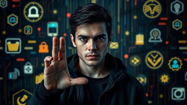 Young man gesturing for silence next to tech icons, build AI agents.