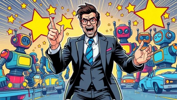 Dynamic AI reviews illustration with lively man and robots in retro comic style.