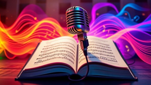 Create audiobooks with Deal.ai using dynamic microphone and vibrant open book.