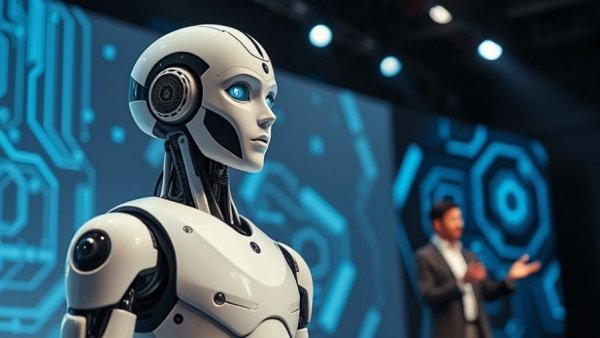 Futuristic AI presentation on AI marketing software with humanoid robot and speaker.