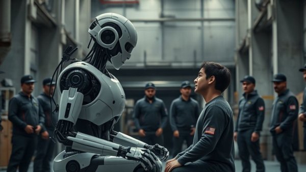 AI robots redefine human skills with industrial setup.