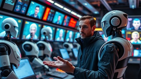 AI Builders in 2026: Futuristic robots interacting in a high-tech setting.