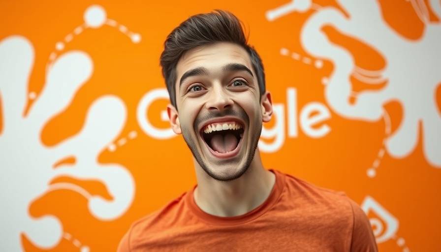 Enthusiastic young man with Google logo, vibrant background.
