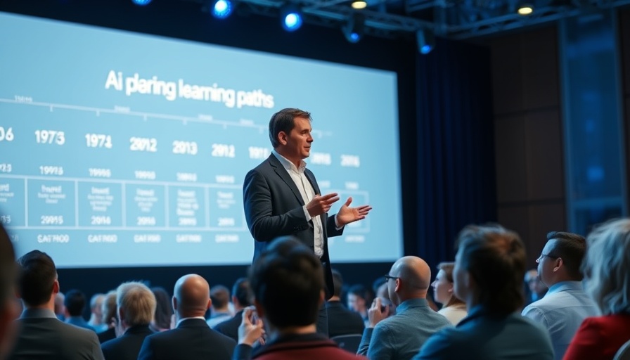 AI learning paths presenter on stage with timeline background.