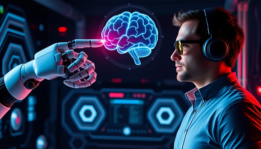 AI marketing scene with robotic arm and people discussing technology.
