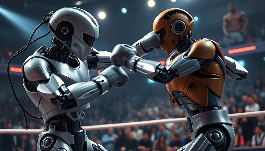 AI Robots in Business: humanoid robot boxing human in arena.