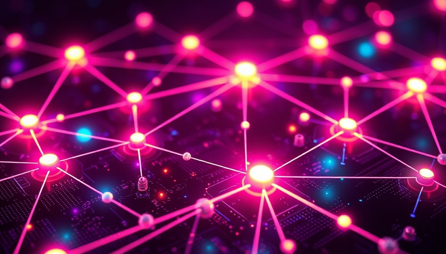 Quantum computing chip illustration with colorful nodes.
