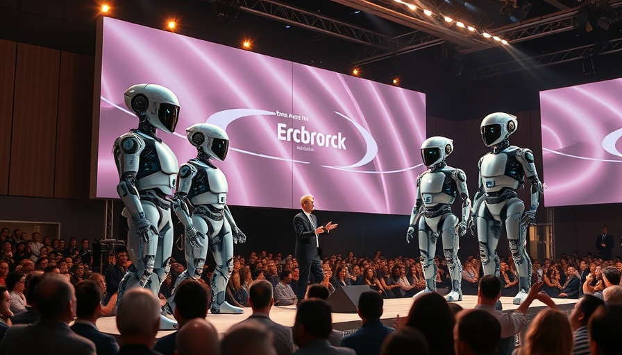 Futuristic robots showcased on stage at a conference, affordable robotics.
