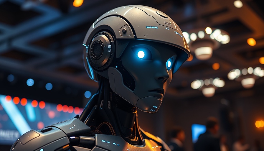 Futuristic humanoid robot showcased at tech conference, AI marketing software.
