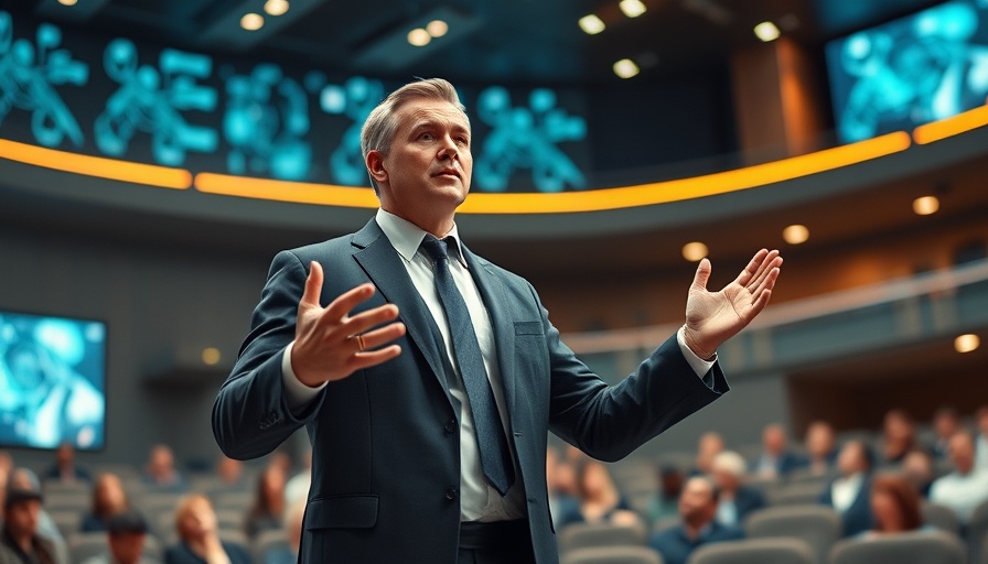 Futuristic corporate leader speaks on AI advancements in a tech-themed setting.