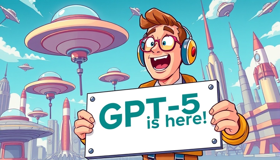 Retro futuristic style man announcing GPT-5 with excitement.