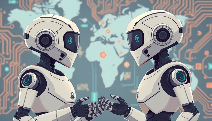 Cartoon robots discussing AI reviews with digital backdrop.