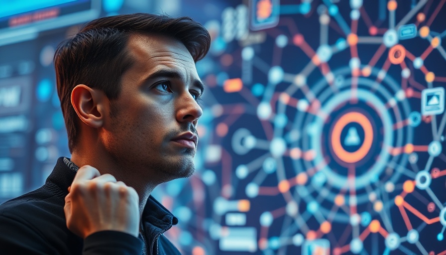 Thoughtful man considering AI agents for business on a digital tech board.