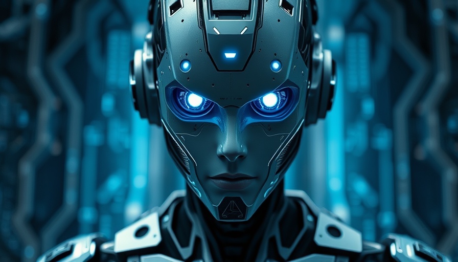 Futuristic android intense focus in AI marketing software scene.