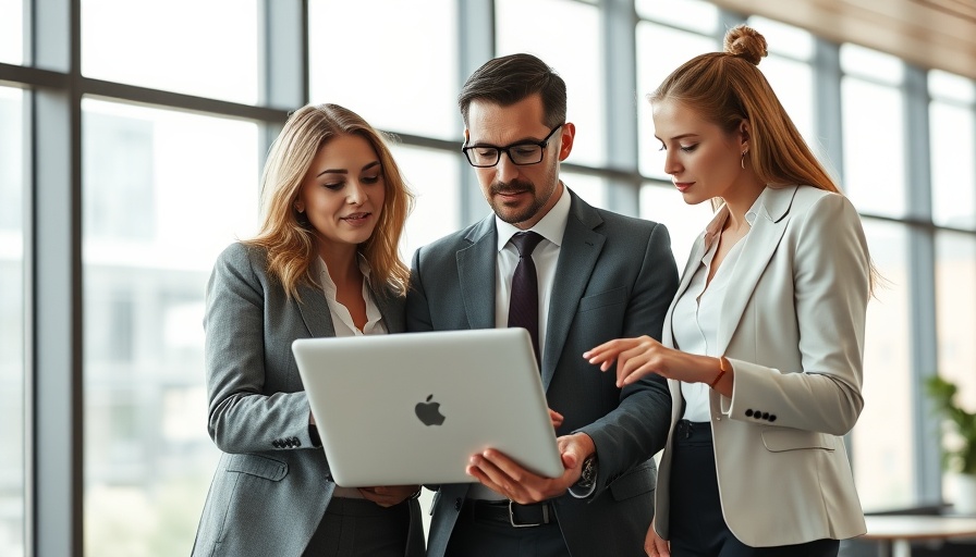 Business professionals discussing small business lending around a laptop in a modern office.