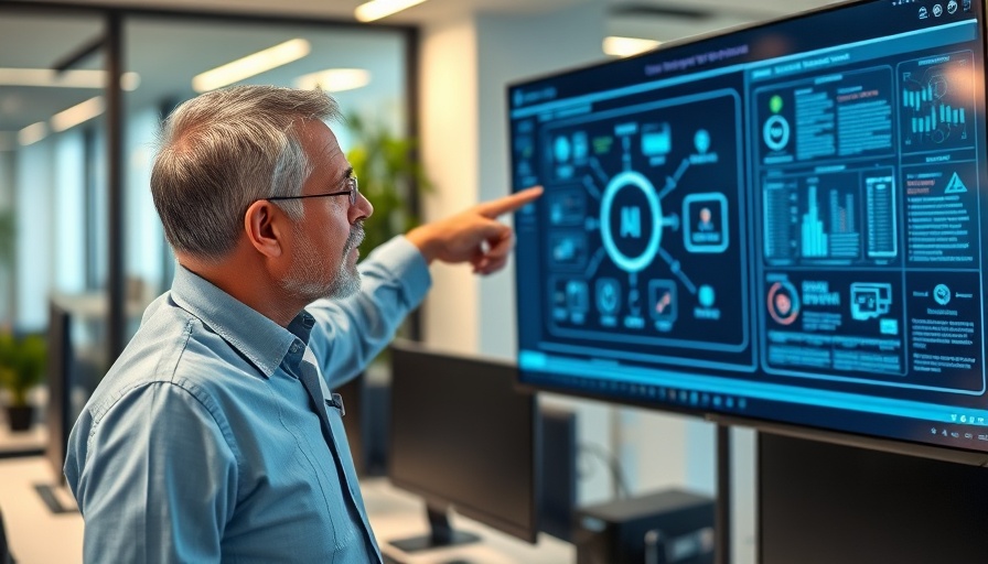 Person explaining n8n AI agents interface in modern office.