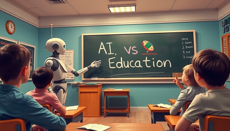 Retro robot teaching AI vs Education in classroom cartoon.