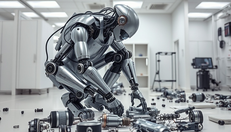 Self-healing cannibal AI robot repairing itself in a lab.