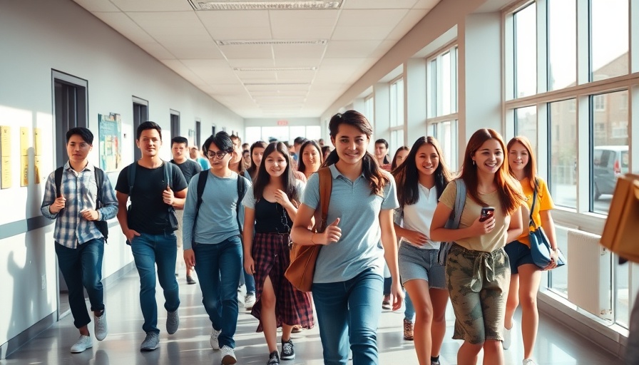 Dynamic blur of students with backpacks in a school hallway highlighting AI learning in education.