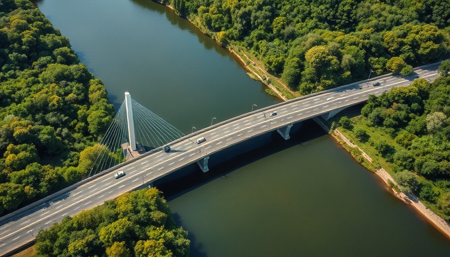 Aerial view of highway bridge over river with lush green surroundings