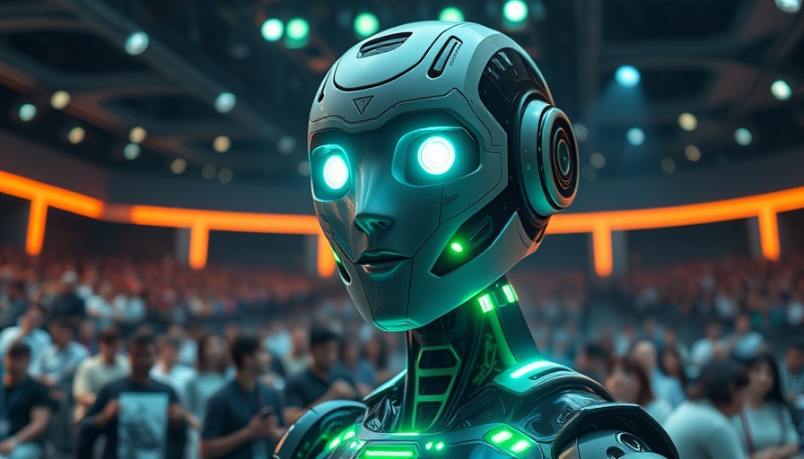 Futuristic robot presenting in a conference for AI marketing software.