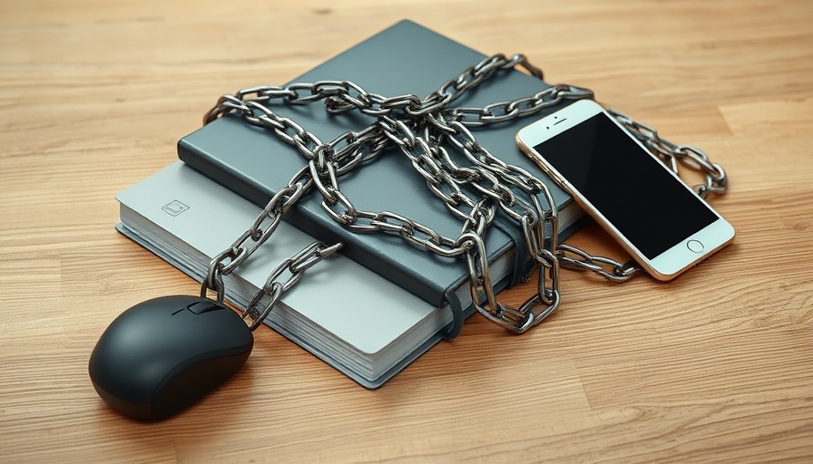 Chained book and electronics representing AI learning constraints.