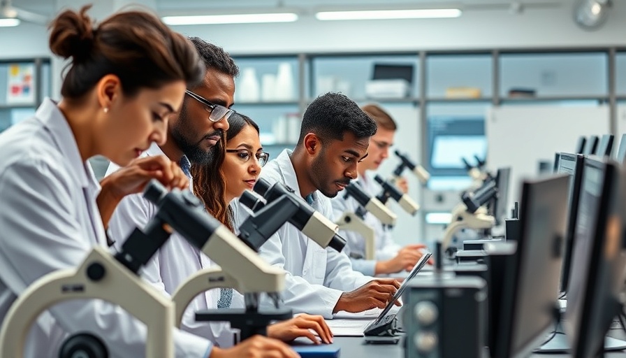 Team of scientists analyzing data in a modern laboratory for clinical trial analytics.