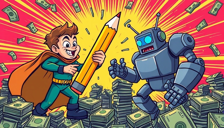 Anthropic AI copyright settlement depicted as superhero clashing with robot over money in comic style.