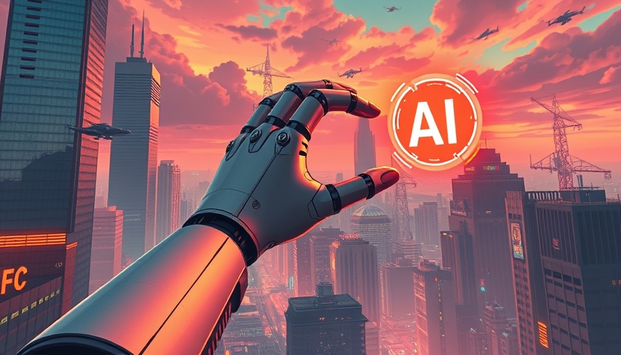 Retro-futuristic AI scene with robotic hand in a cityscape.