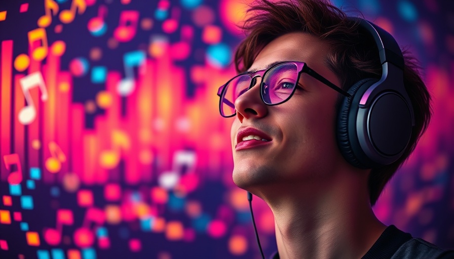 Young man with headphones enjoying AI music generation, colorful waves.