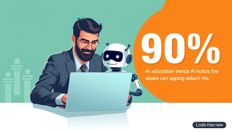 AI adoption trends poster with robot and businessman working together.