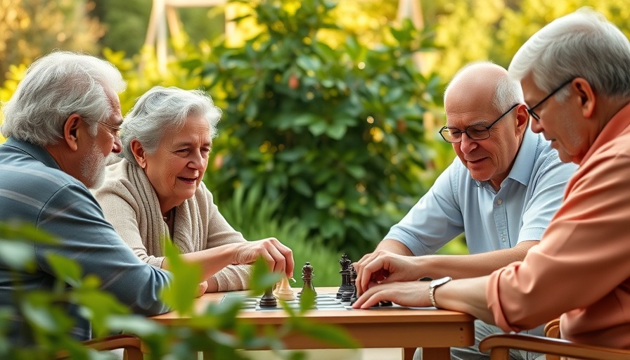 Older adults enjoying a game of chess in a garden, AI learning technologies for loneliness.