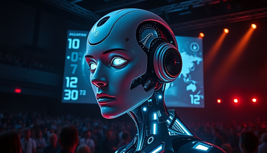 Futuristic robotic head at AI marketing software launch event.