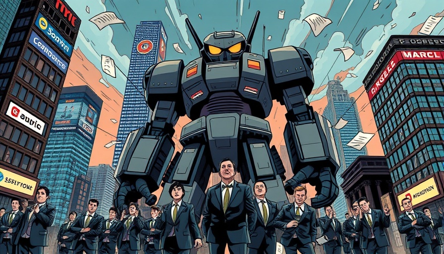 Comic-style AI robot causing chaos amid skyscrapers, public company threat.