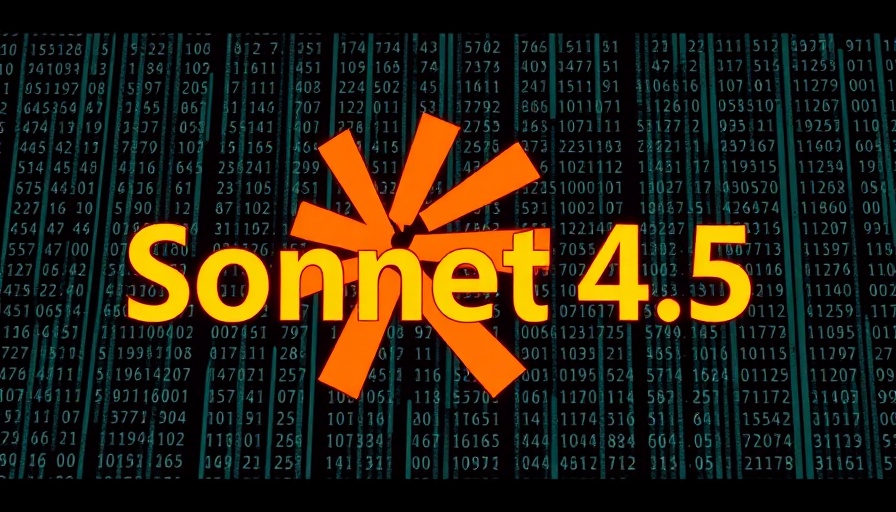 Claude Sonnet 4.5 coding AI text with digital code background.