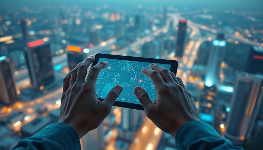 AI learning path concept with tablet interacting in futuristic cityscape.