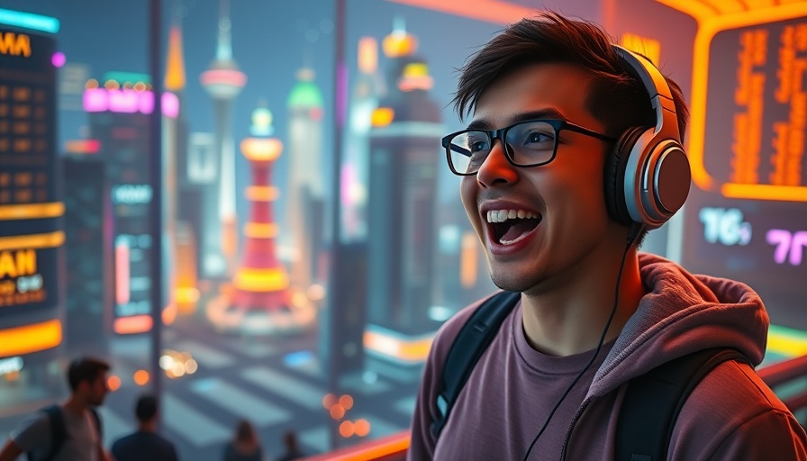 Excited man exploring AI marketing innovations with vibrant visuals.