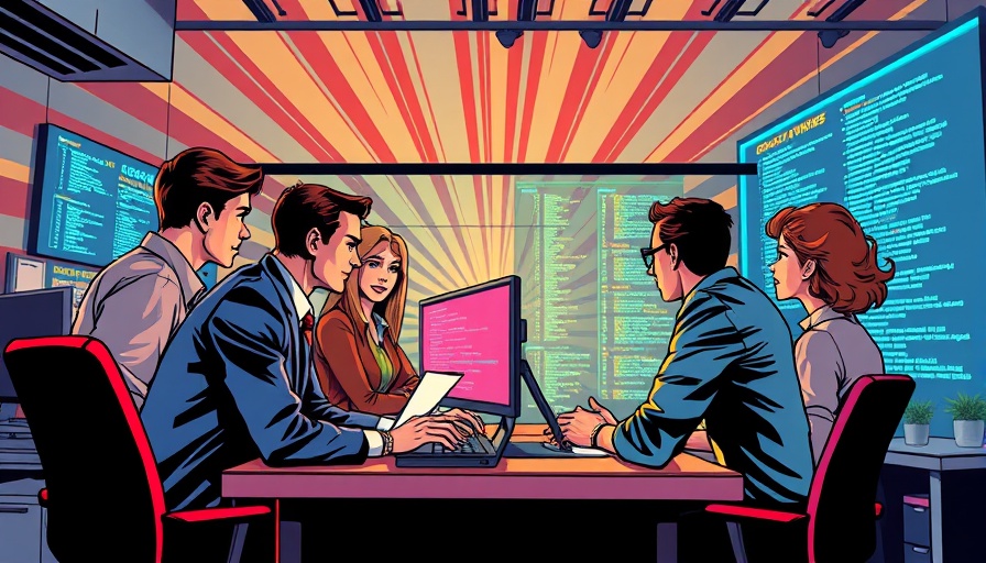 Retro comic scene of professionals using vibrant code. Vibe Coding in Enterprise.