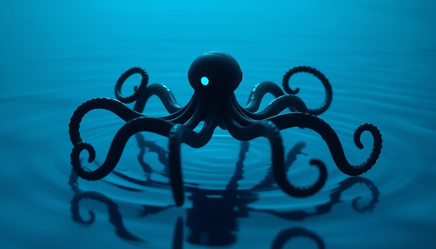 HydroSpread soft robot silhouette floating on water with ripples.