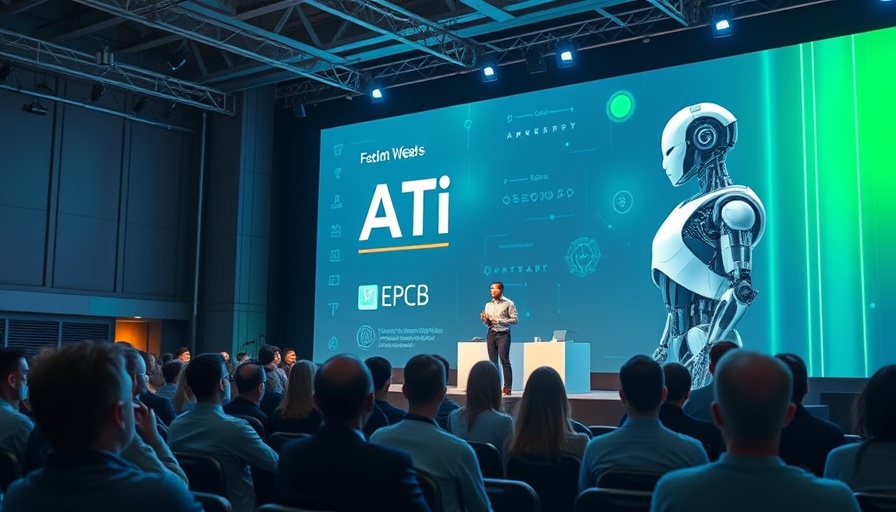 AI cost management model presentation, futuristic conference setup.