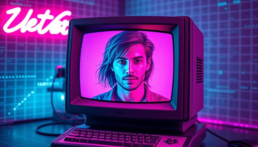 Colorful AI reviews theme with retro computer and portrait