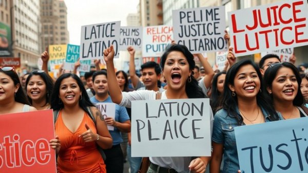 Latino political activism in Texas, activists marching with justice banners.