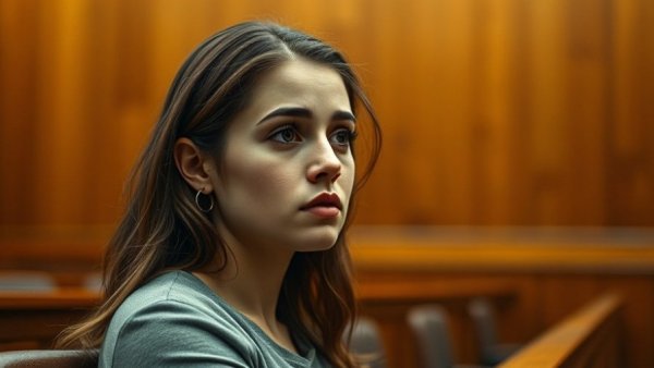 Young woman in courtroom looking concerned.