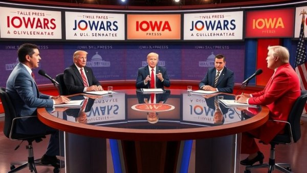 Candidates discussing at Iowa Senate debate table.