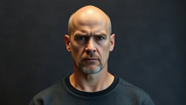 Bald man in a gray shirt against a dark wall.