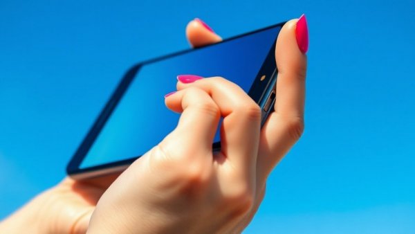 Close-up of smartphone held against blue sky, AI tools for fixing photos