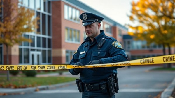 Police officer secures Bend Oregon school scene with tape