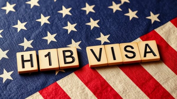 H-1B Visa challenges represented by wooden tiles on American flag.