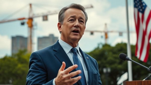 Political figure speaking near American flag with cranes behind.