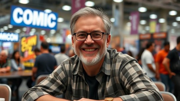 Man with glasses smiling at Comic Con event.